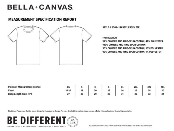 Bella + Canvas 3001 Size Chart